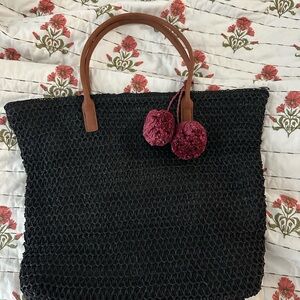 Black Woven Tote Bag with Brown Handles